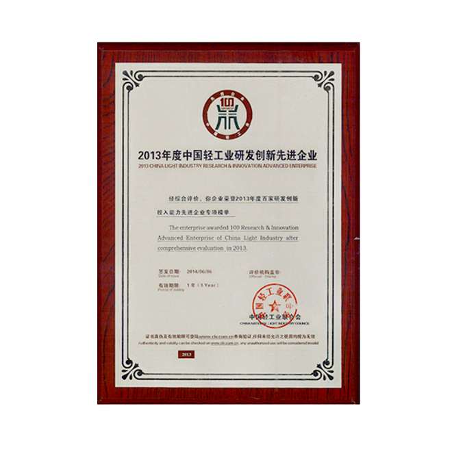 2013年度中国轻工业研发创新先进企业.png